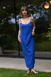 LONG DRESS WITH THIN STRAPS SE101 BLUE