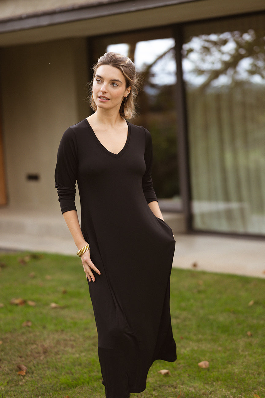 V-NECK MIDI DRESS SE094 BLACK