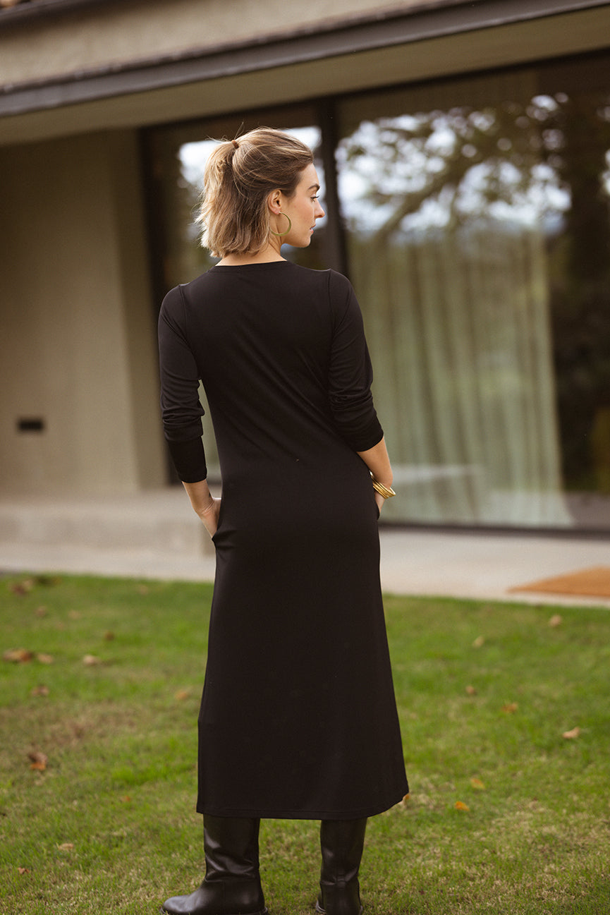 V-NECK MIDI DRESS SE094 BLACK