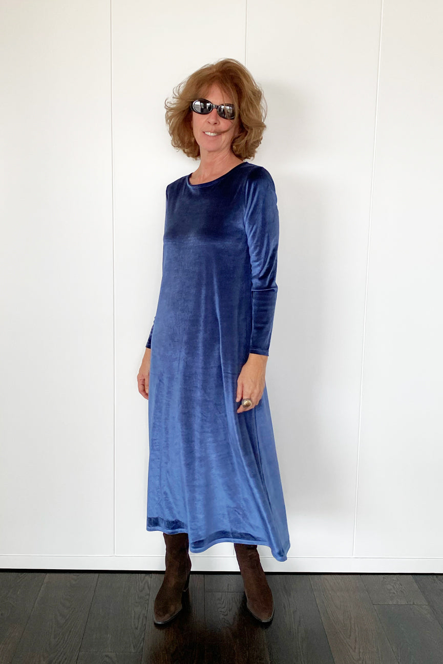 ROUND NECK LONG VELVET DRESS SE098 SHINY BLUE