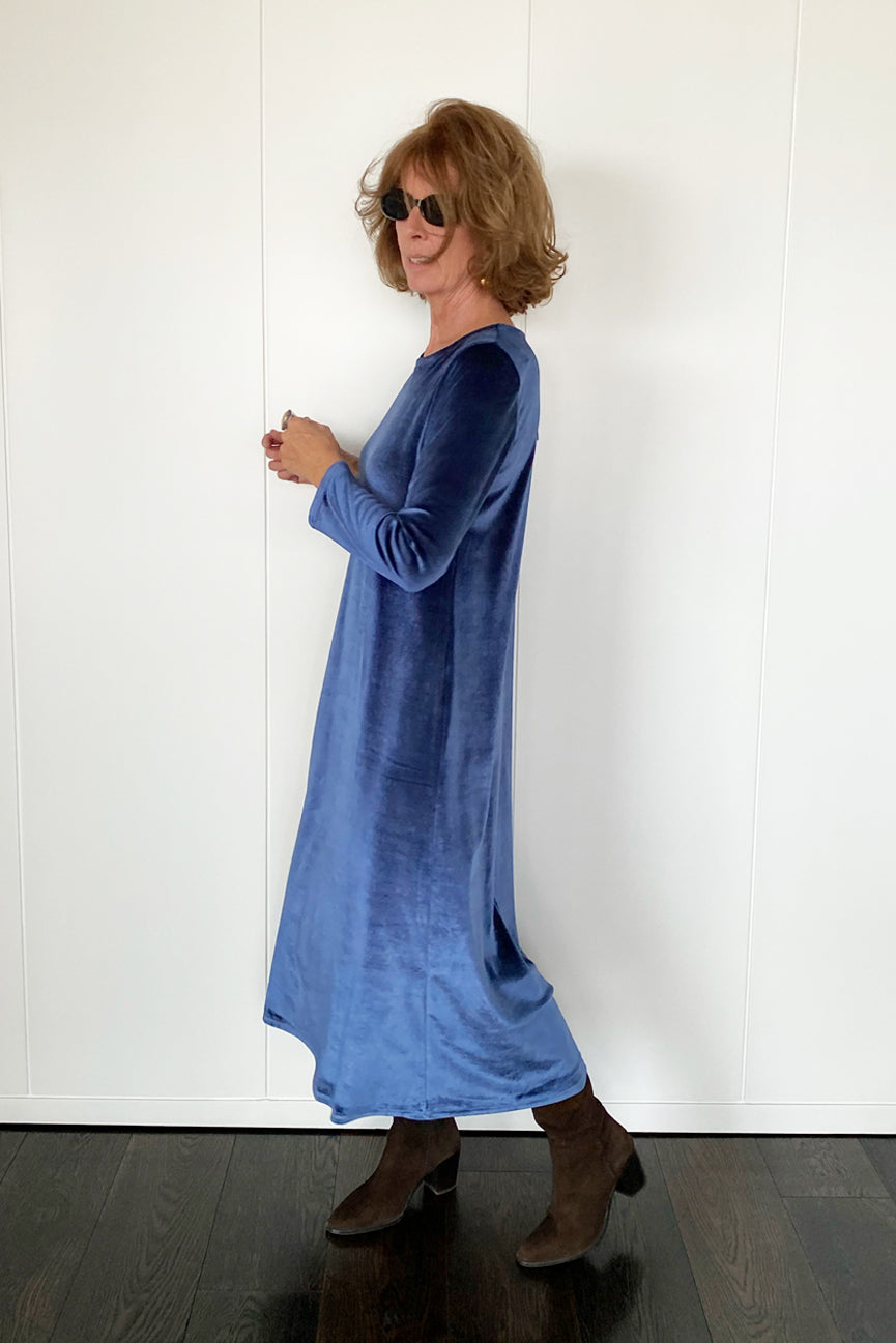 ROUND NECK LONG VELVET DRESS SE098 SHINY BLUE