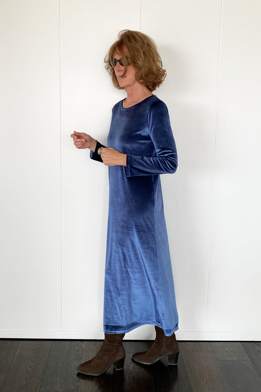 ROUND NECK LONG VELVET DRESS SE098 SHINY BLUE