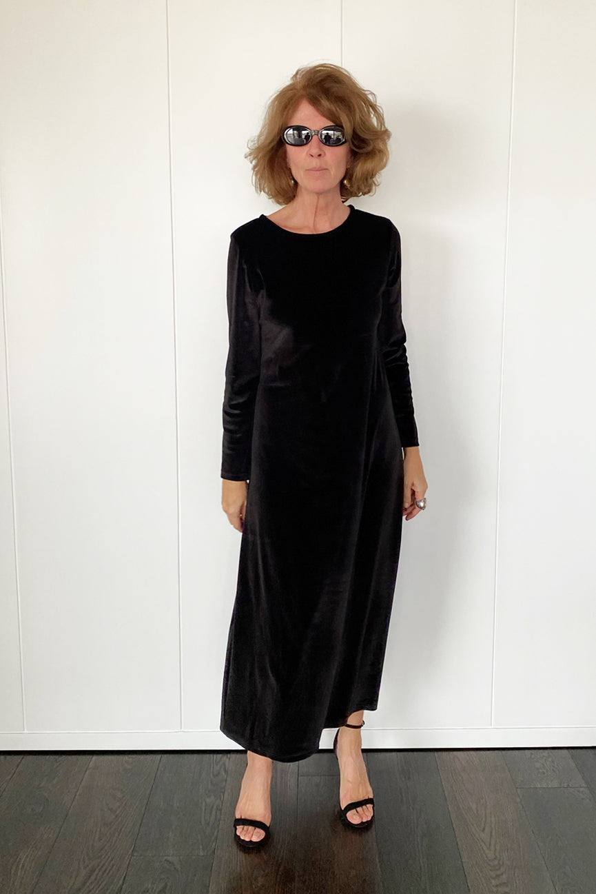 ROUND NECK VELVET LONG DRESS SE098 SHINY BLACK 