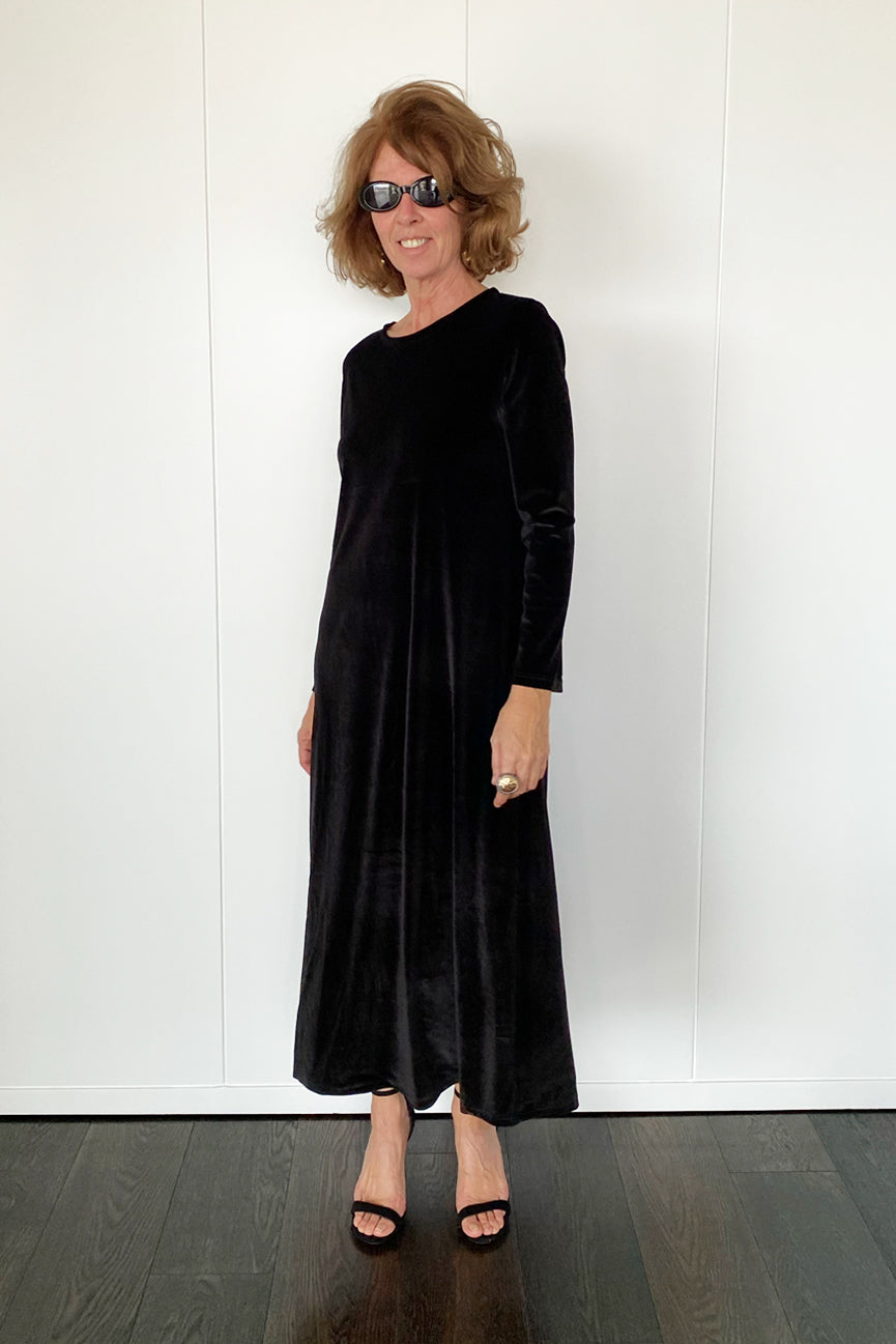 ROUND NECK VELVET LONG DRESS SE098 SHINY BLACK 