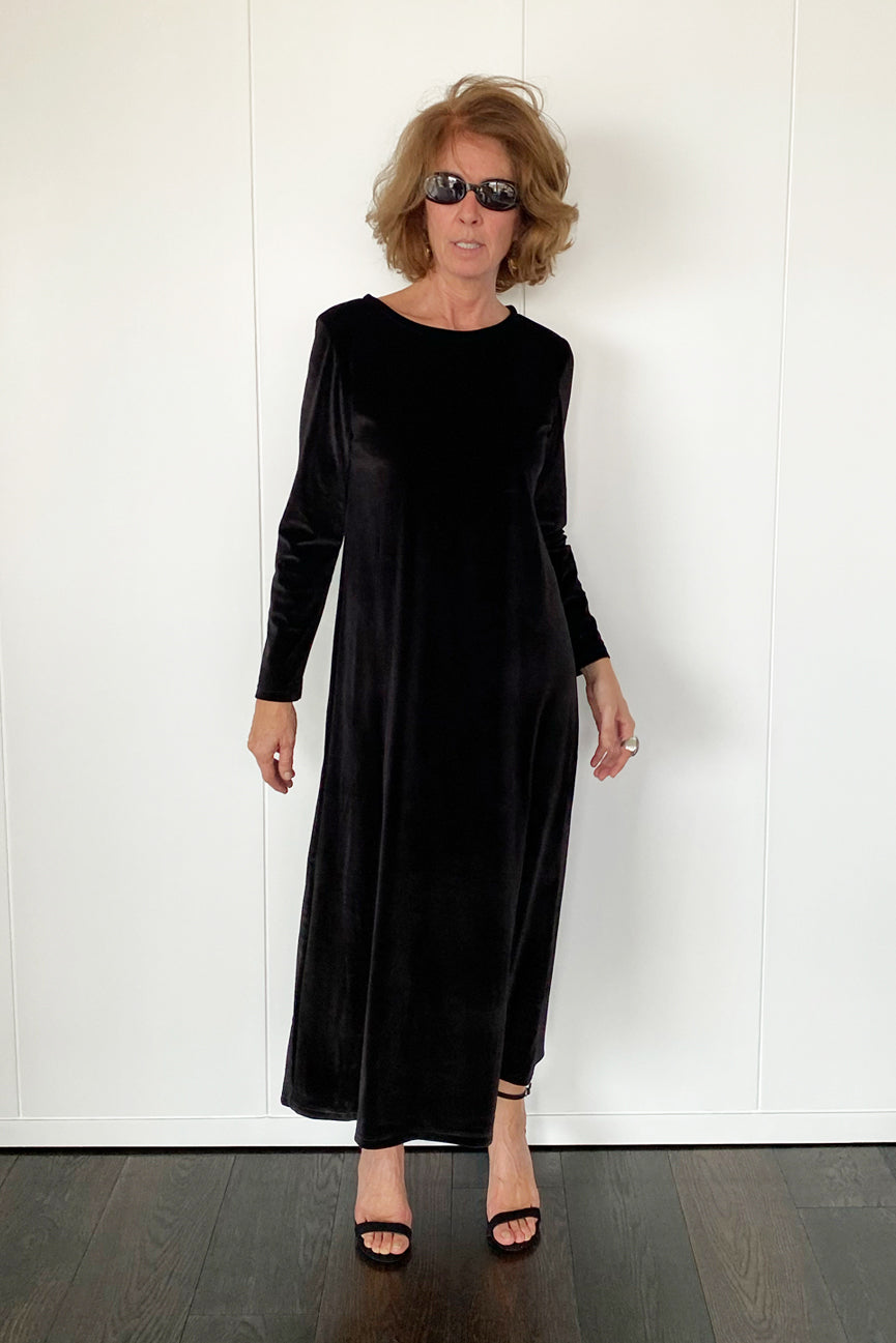 ROUND NECK VELVET LONG DRESS SE098 SHINY BLACK 