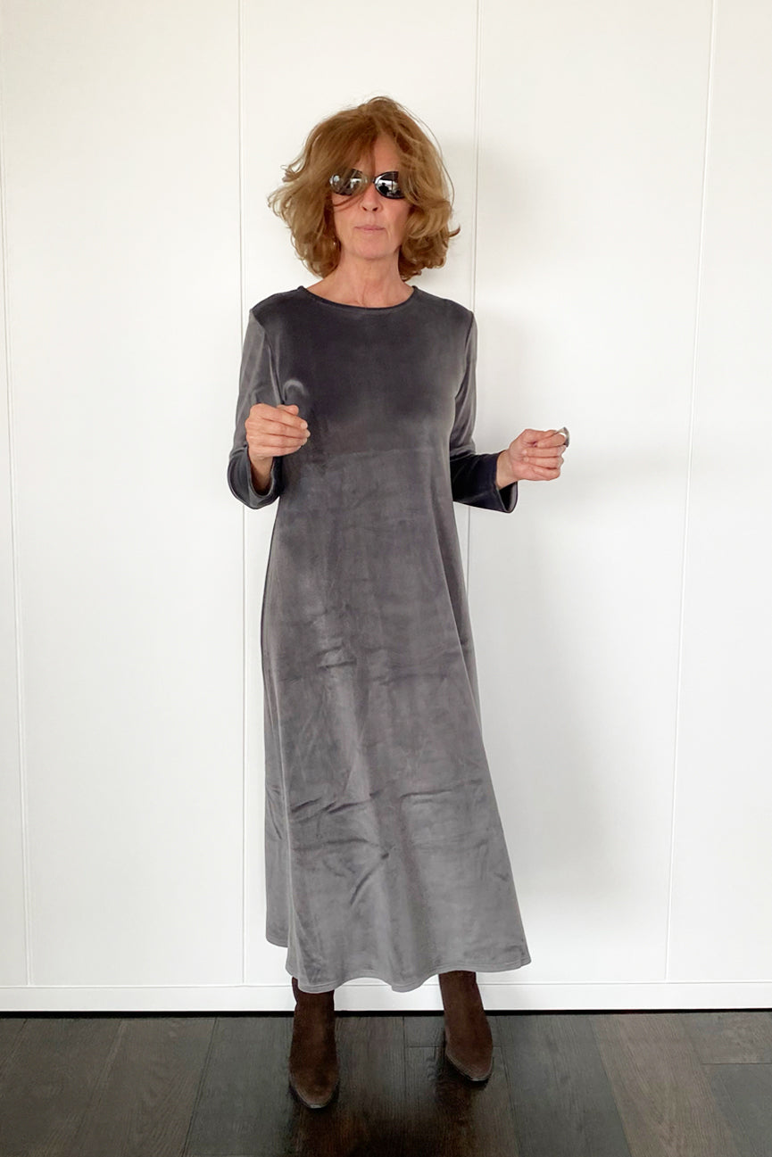 ROUND NECK LONG VELVET DRESS SE098 MATTE GREY