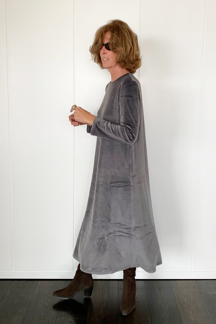 ROUND NECK LONG VELVET DRESS SE098 MATTE GREY