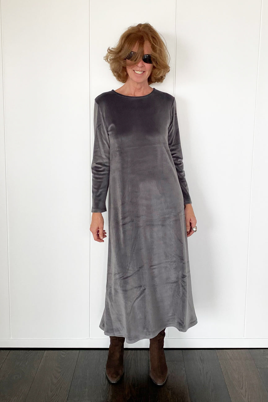 ROUND NECK LONG VELVET DRESS SE098 MATTE GREY