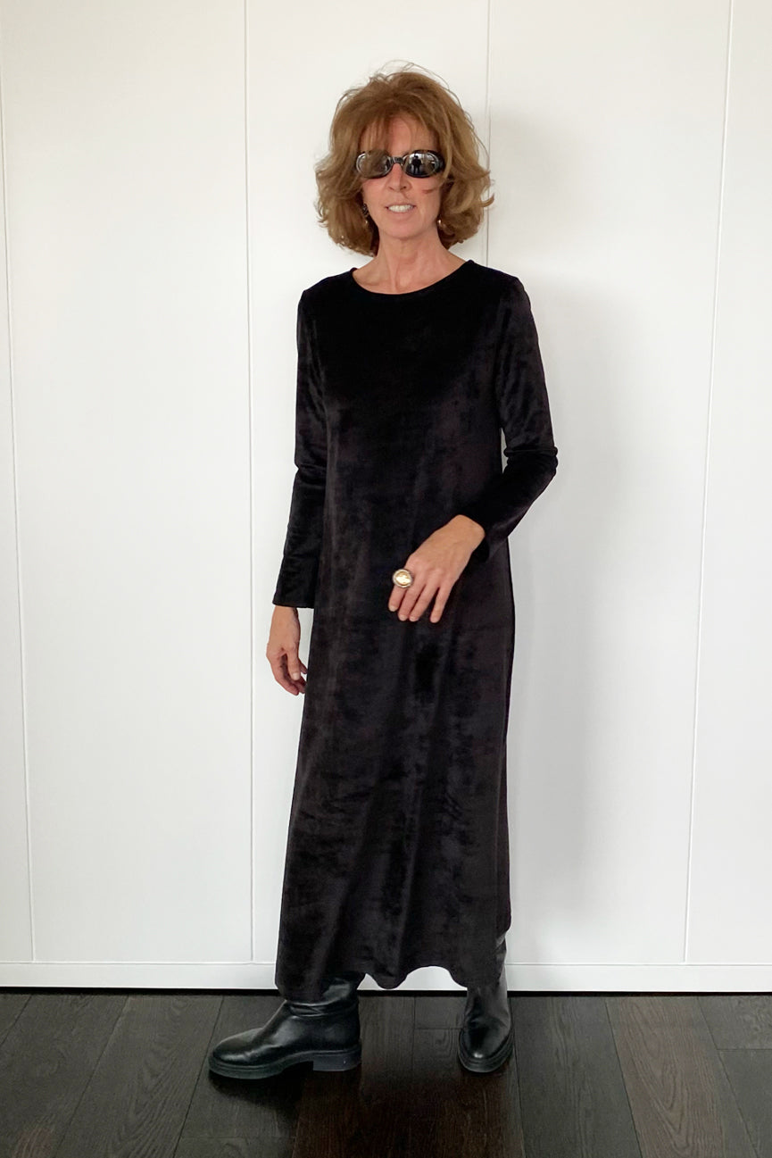 ROUND NECK LONG VELVET DRESS SE098 MATTE BLACK