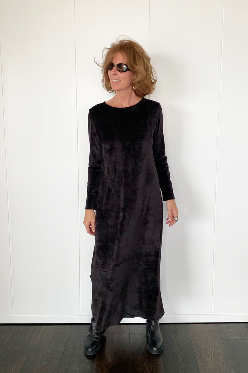 ROUND NECK LONG VELVET DRESS SE098 MATTE BLACK